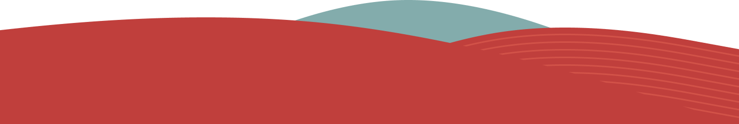 Abstract hills with blue, orange, and striped orange shapes.