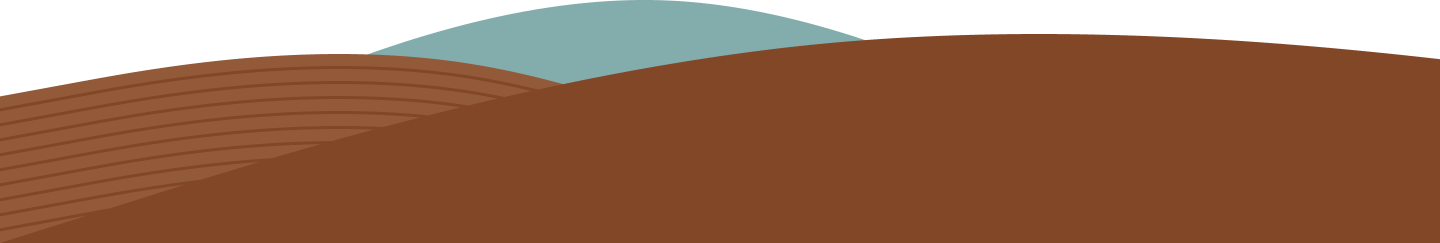 Abstract hills with blue, orange, and striped orange shapes.