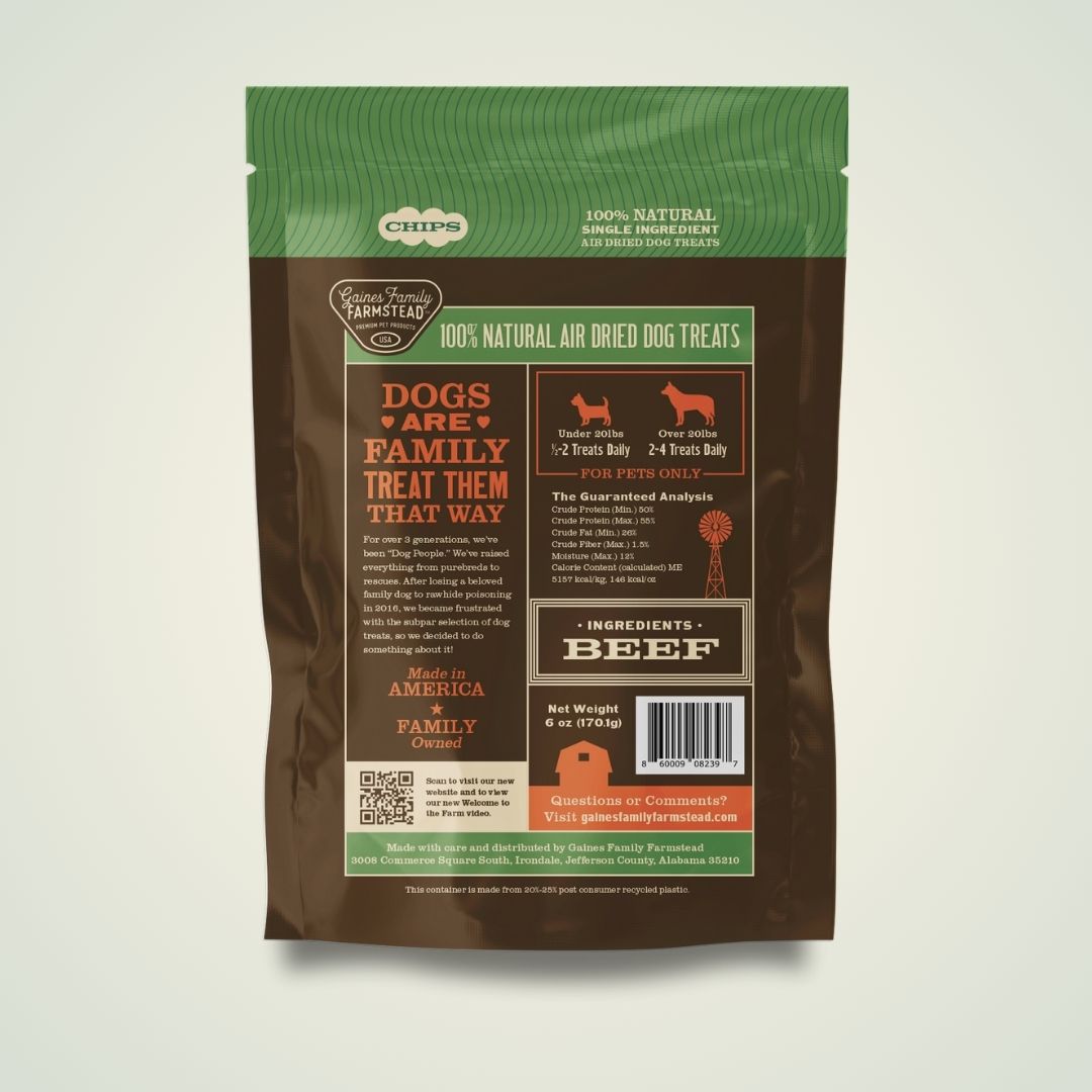 Back of Gaines Family Farmstead Beef Chips bag showing ingredients and feeding information