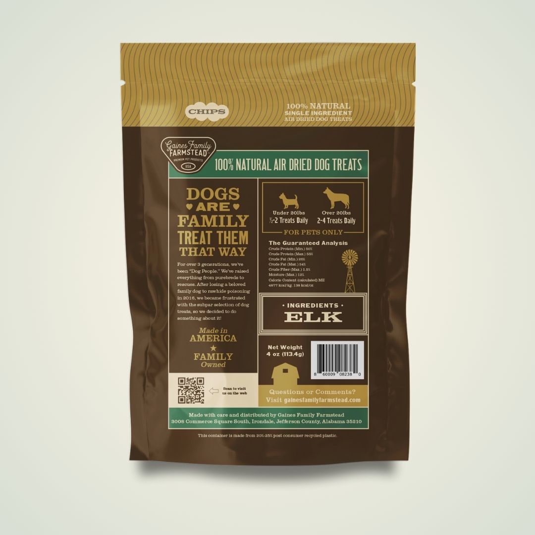 Back of Gaines Family Farmstead Elk Chips bag showing ingredients and feeding information