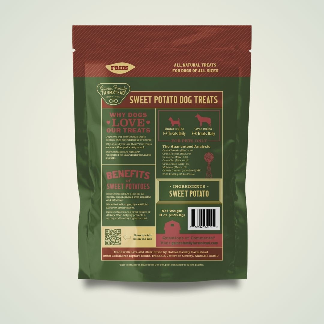 Back of Gaines Family Farmstead Jumbo Sweet Potato Fries bag showing ingredients and feeding information