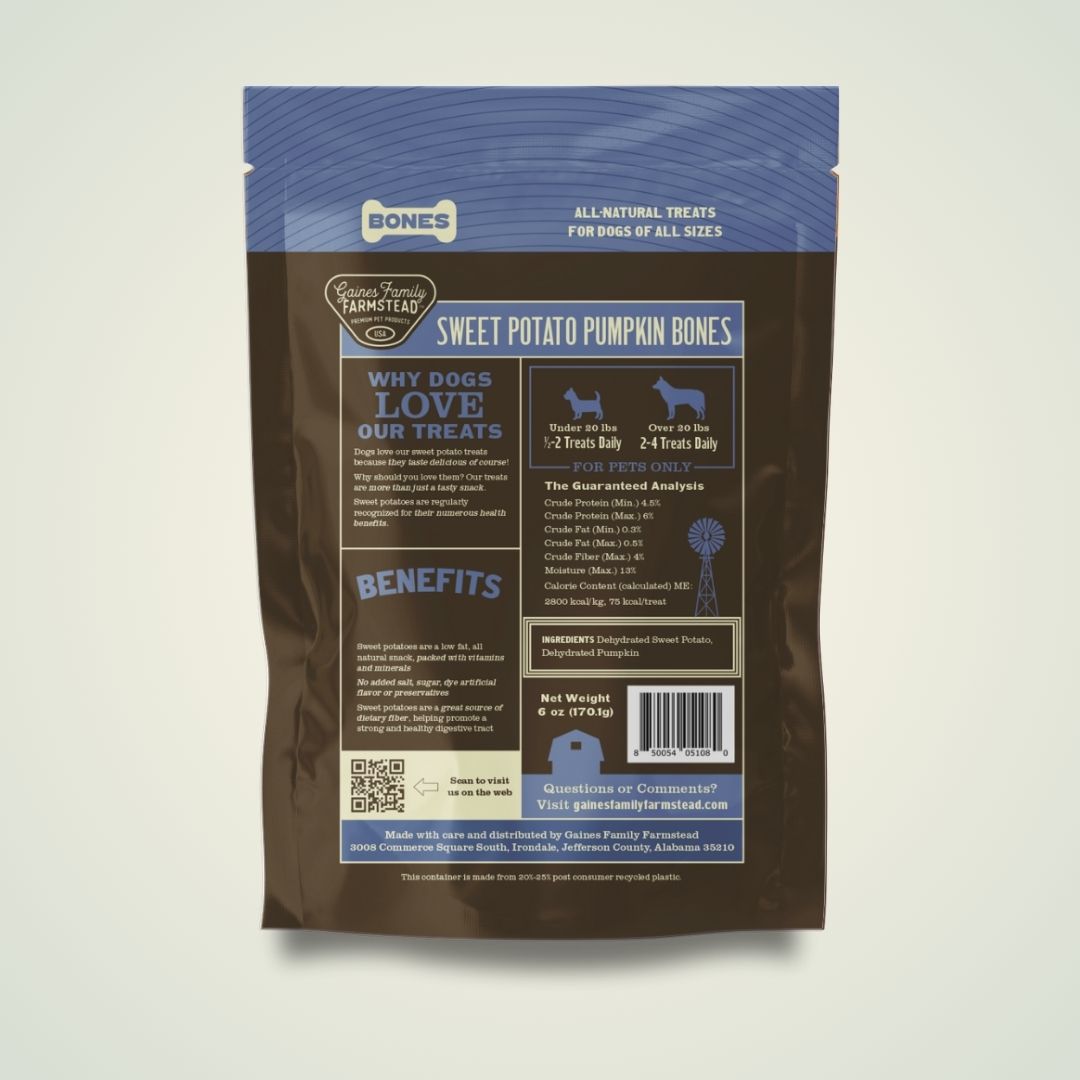 Back of Gaines Family Farmstead Sweet Potato & Pumpkin Bones bag showing ingredients and feeding information