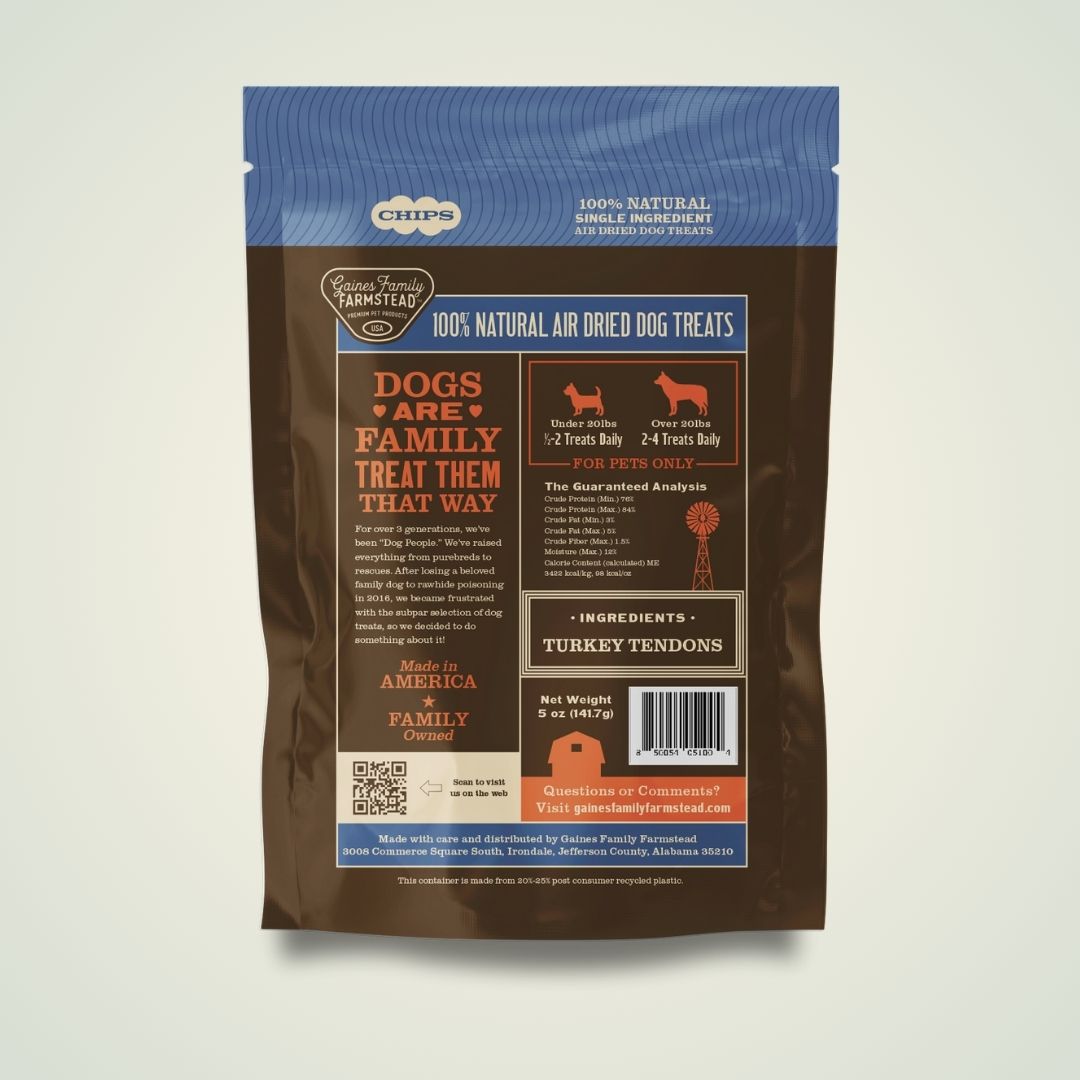 Back of Gaines Family Farmstead Turkey Tendon Chips bag showing ingredients and feeding information