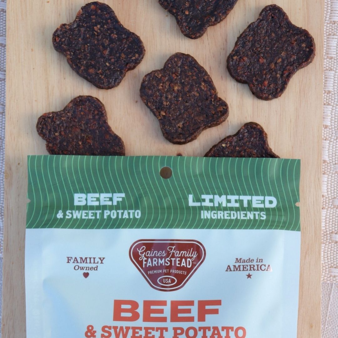 Beef and sweet potato fillets arranged above their bag