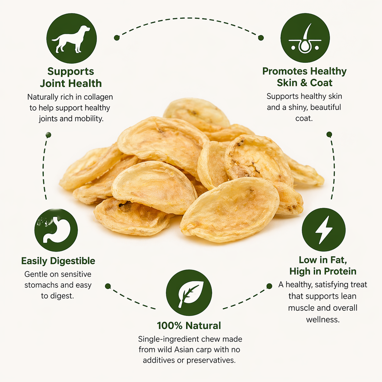 Carp bladder treats surrounded by product feature callouts