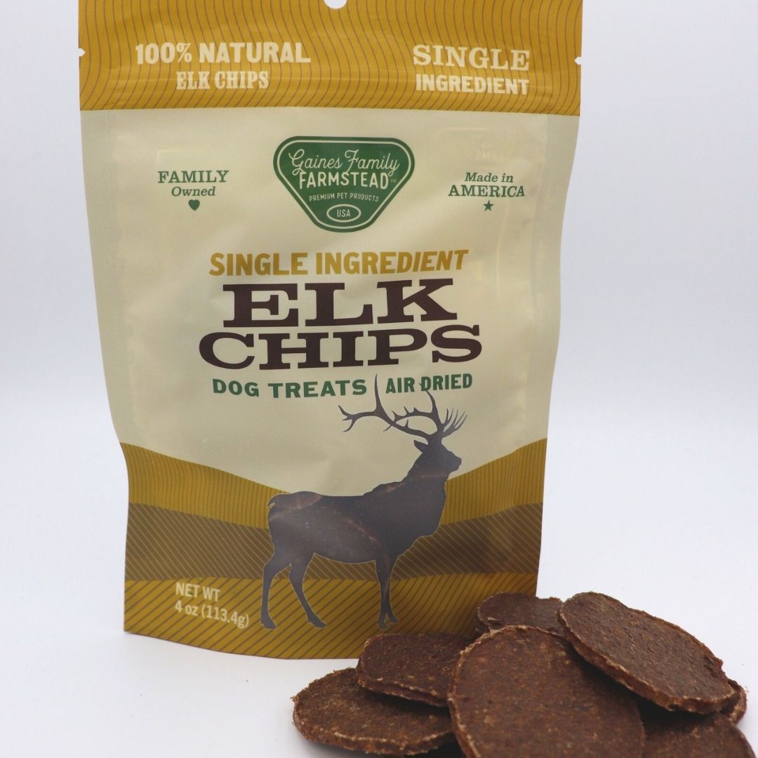 Elk Chips treats displayed beside their Gaines Family Farmstead bag