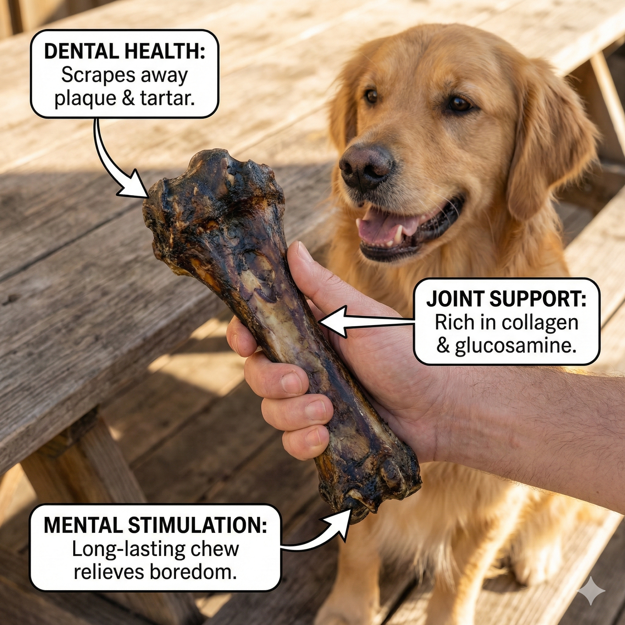 Golden retriever and beef bone with product feature callouts
