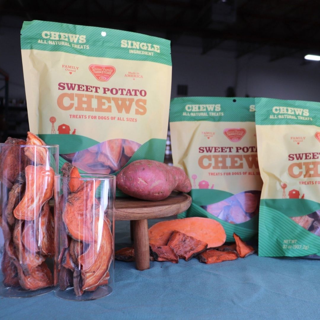 Sweet potato chews displayed with bags and a glass jar