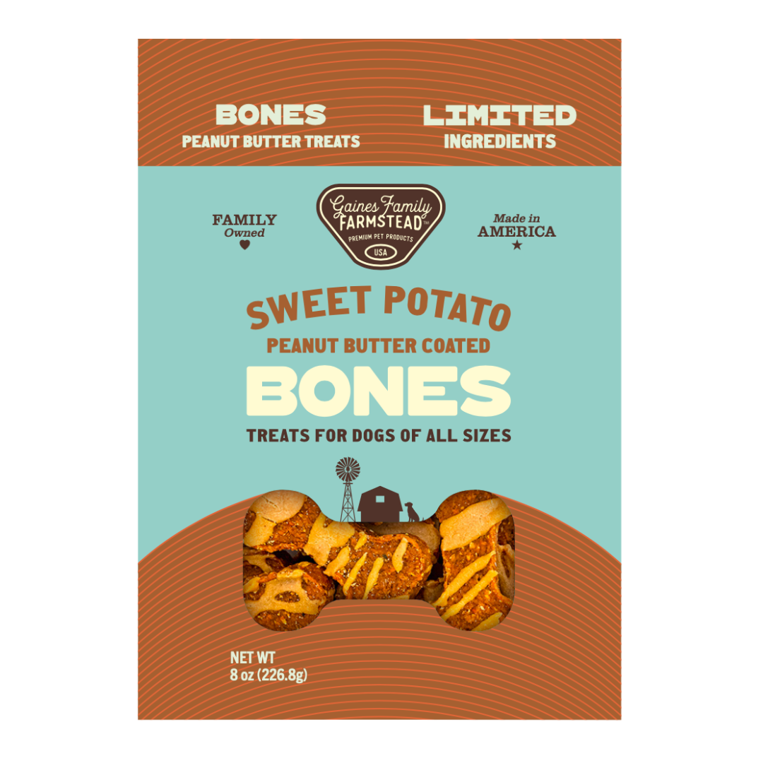 Peanut Butter Coated Sweet Potato Bones