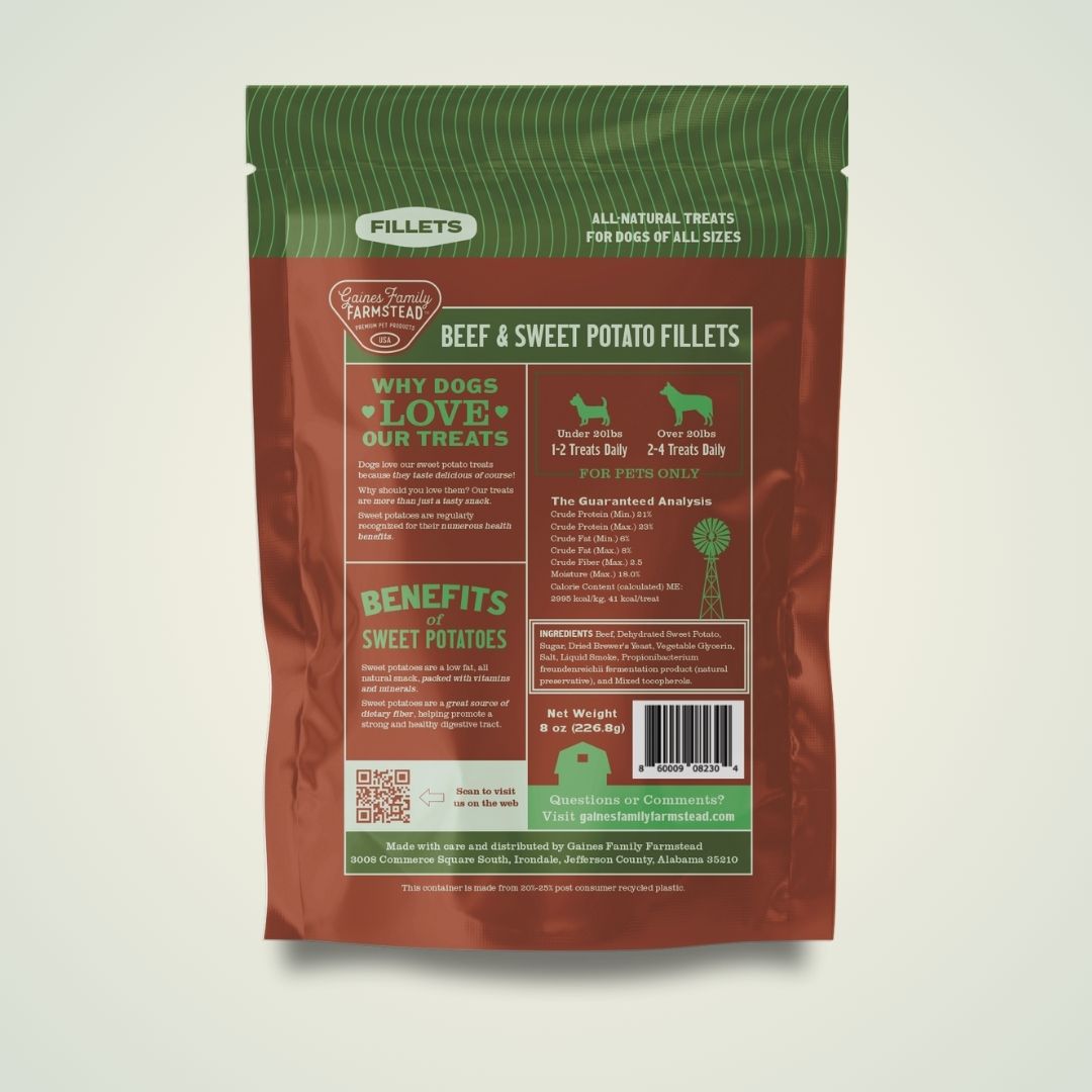 Back of Gaines Family Farmstead Beef & Sweet Potato Fillets bag showing ingredients and feeding information