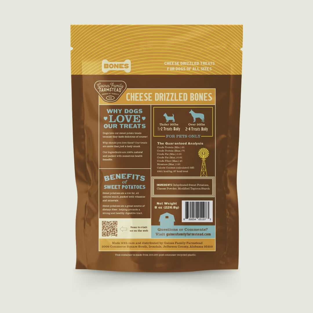 Back of Gaines Family Farmstead Cheese Drizzled Sweet Potato Bones bag showing ingredients and feeding information