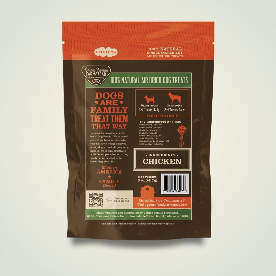 Back of Gaines Family Farmstead Chicken Chips bag showing ingredients and feeding information