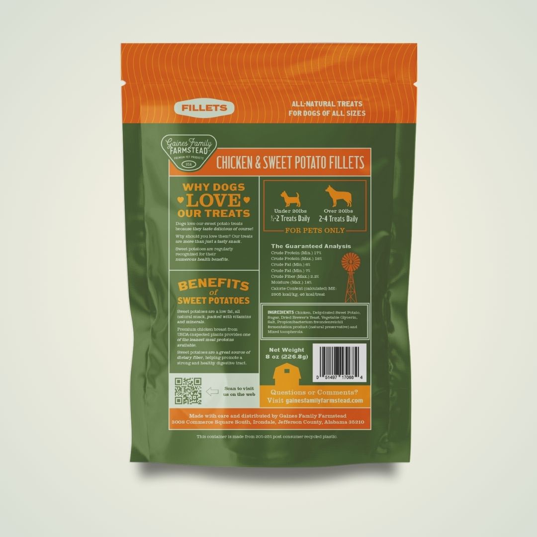 Back of Gaines Family Farmstead Chicken & Sweet Potato Fillets bag showing ingredients and feeding information