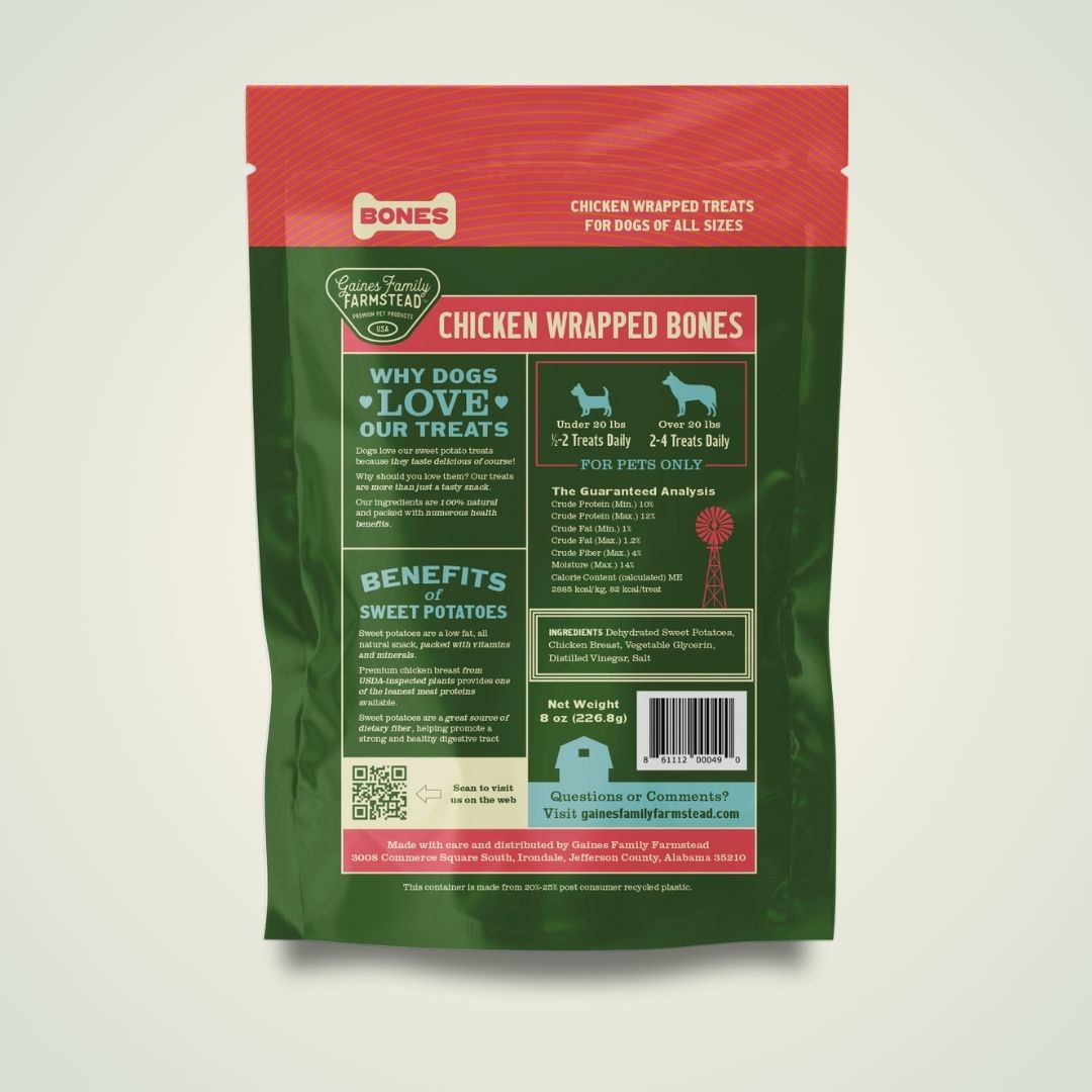 Back of Gaines Family Farmstead Chicken Wrapped Sweet Potato Bones bag showing ingredients and feeding information