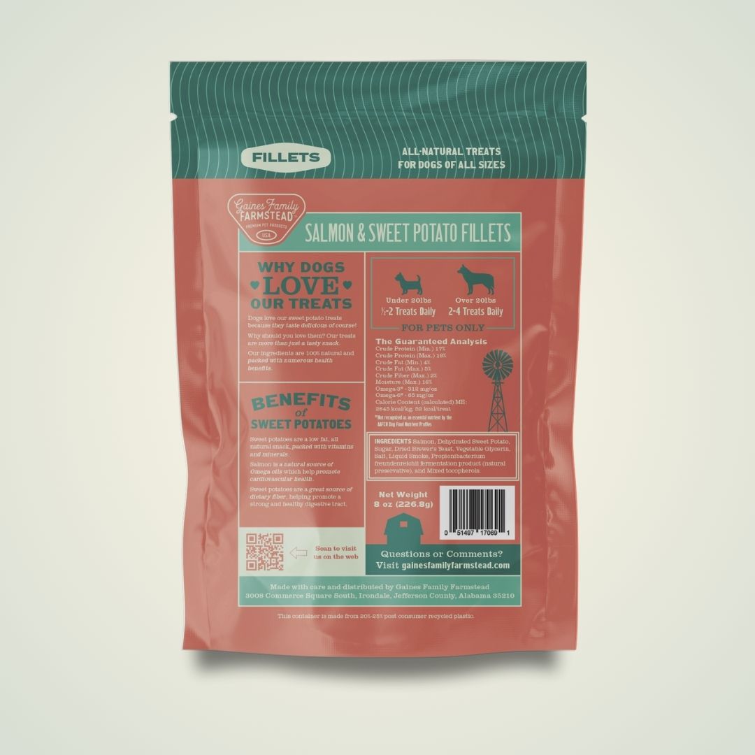 Back of Gaines Family Farmstead Salmon & Sweet Potato Fillets bag showing ingredients and feeding information