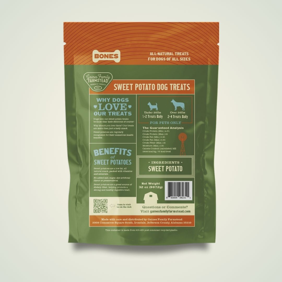 Back of Gaines Family Farmstead Sweet Potato Bones bag showing ingredients and feeding information