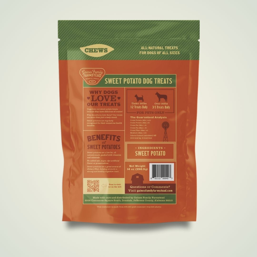 Back of Gaines Family Farmstead Sweet Potato Chews bag showing ingredients and feeding information