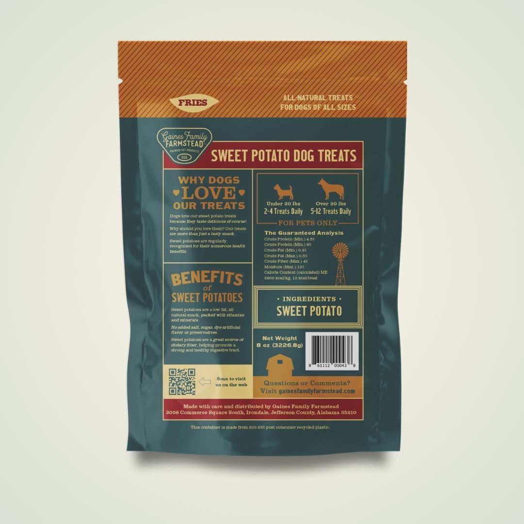 Back of Gaines Family Farmstead Sweet Potato Fries bag showing ingredients and feeding information