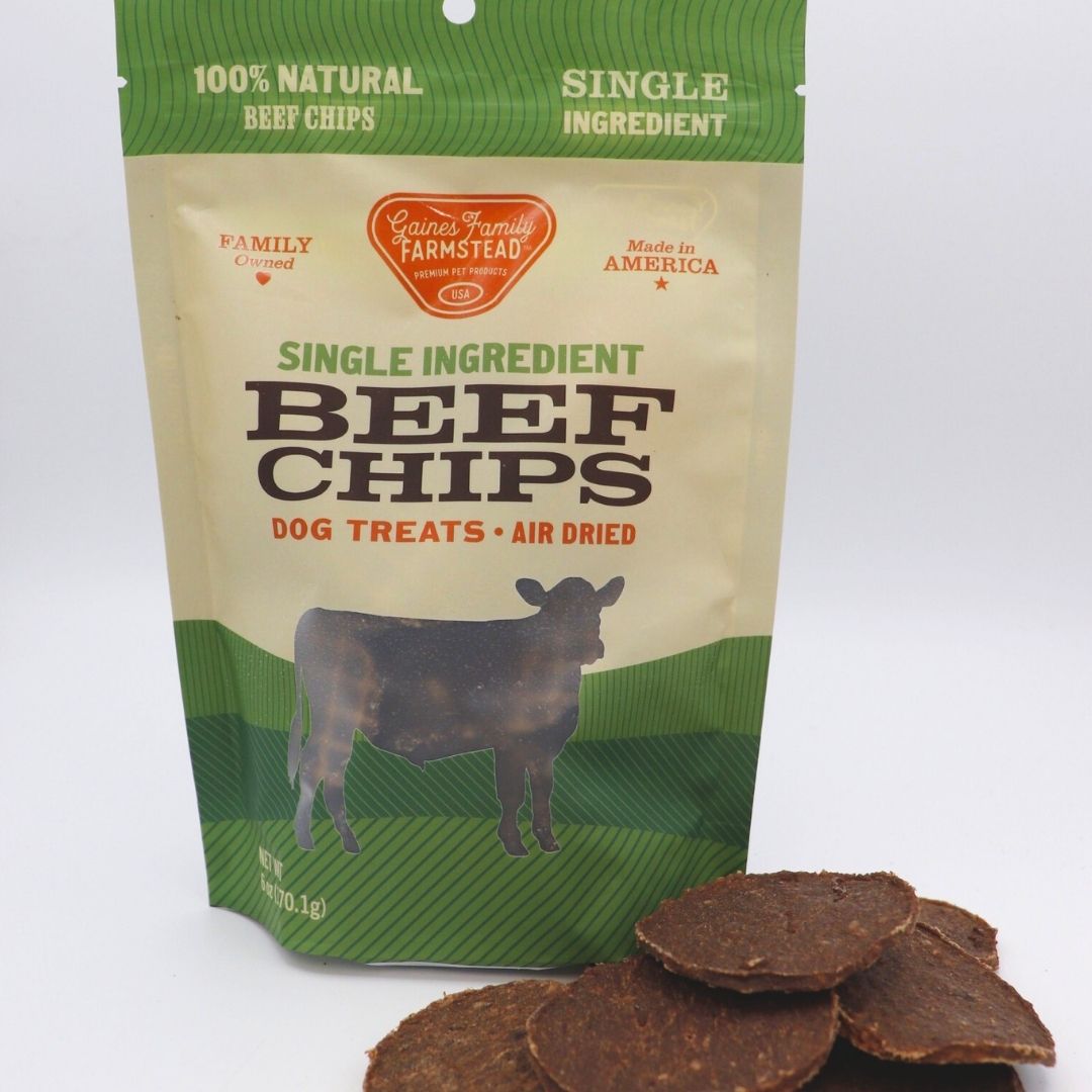 Beef Chips treats displayed beside their Gaines Family Farmstead bag