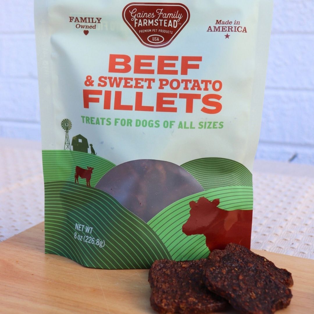 Beef & Sweet Potato Fillets treats displayed beside their Gaines Family Farmstead bag