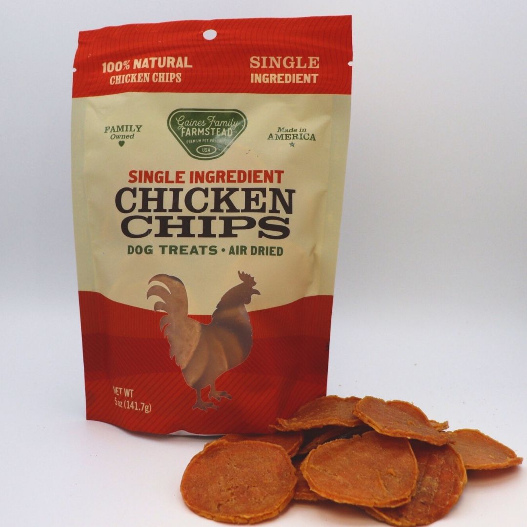 Chicken Chips treats displayed beside their Gaines Family Farmstead bag