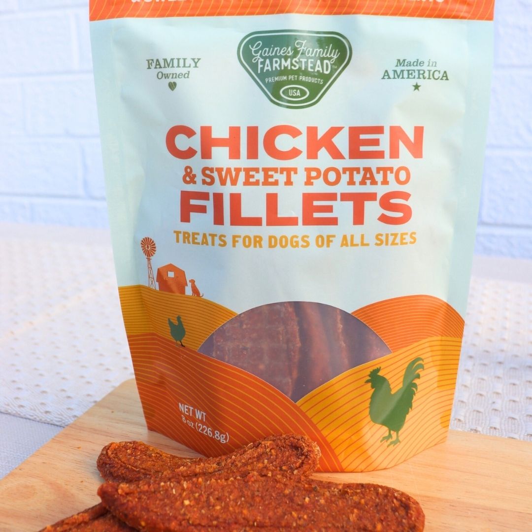 Chicken & Sweet Potato Fillets treats displayed beside their Gaines Family Farmstead bag