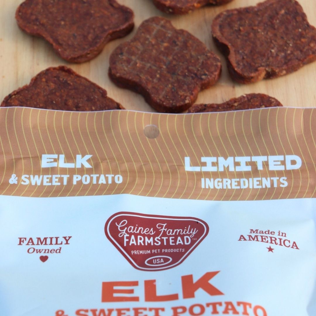 Elk and sweet potato fillets arranged above their bag