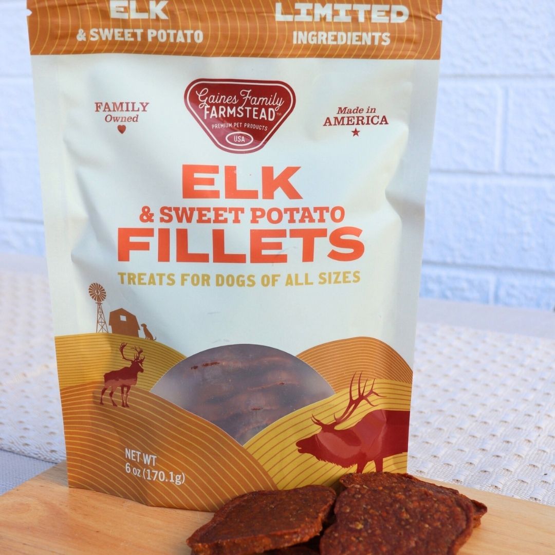 Elk & Sweet Potato Fillets treats displayed beside their Gaines Family Farmstead bag
