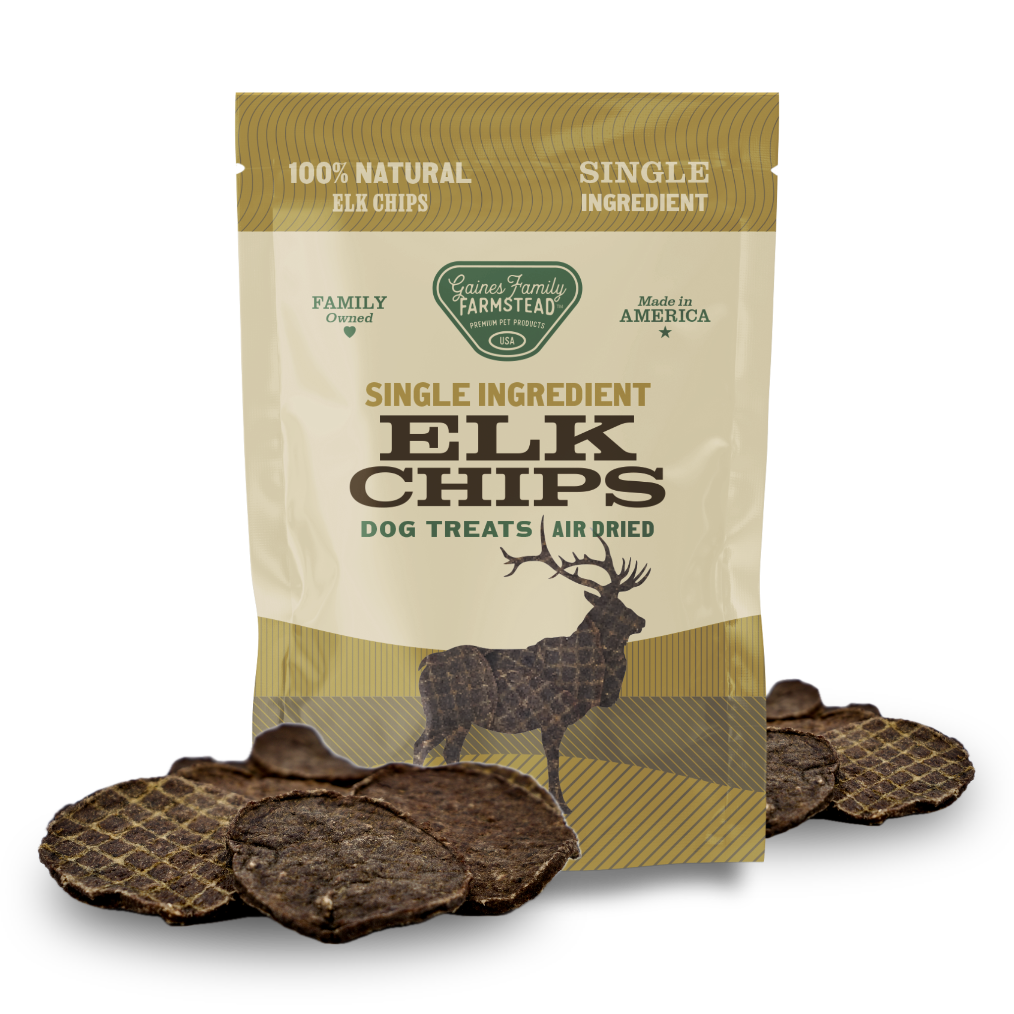 Gaines Family Farmstead Elk Chips bag with loose treats