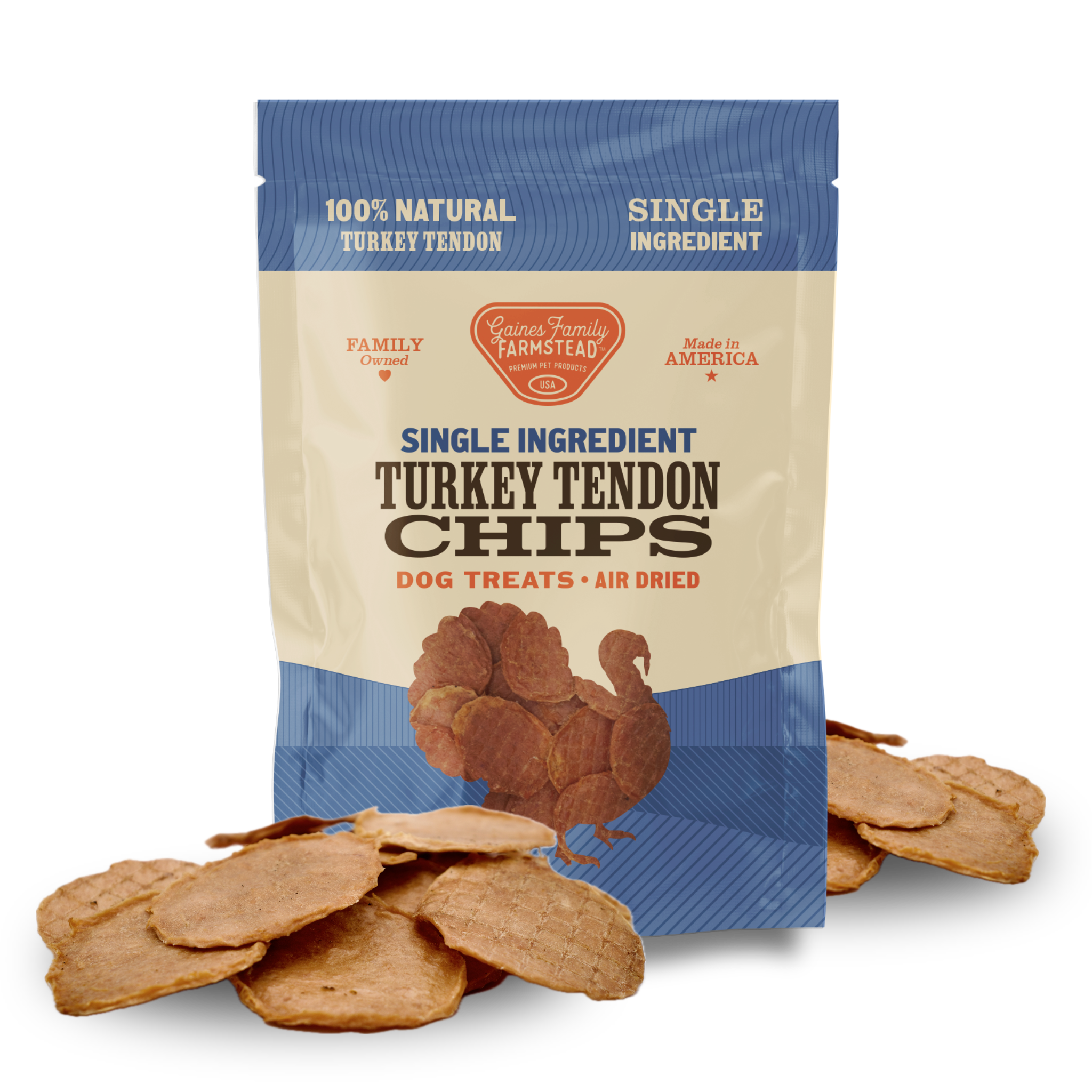 Gaines Family Farmstead Turkey Tendon Chips bag with loose treats