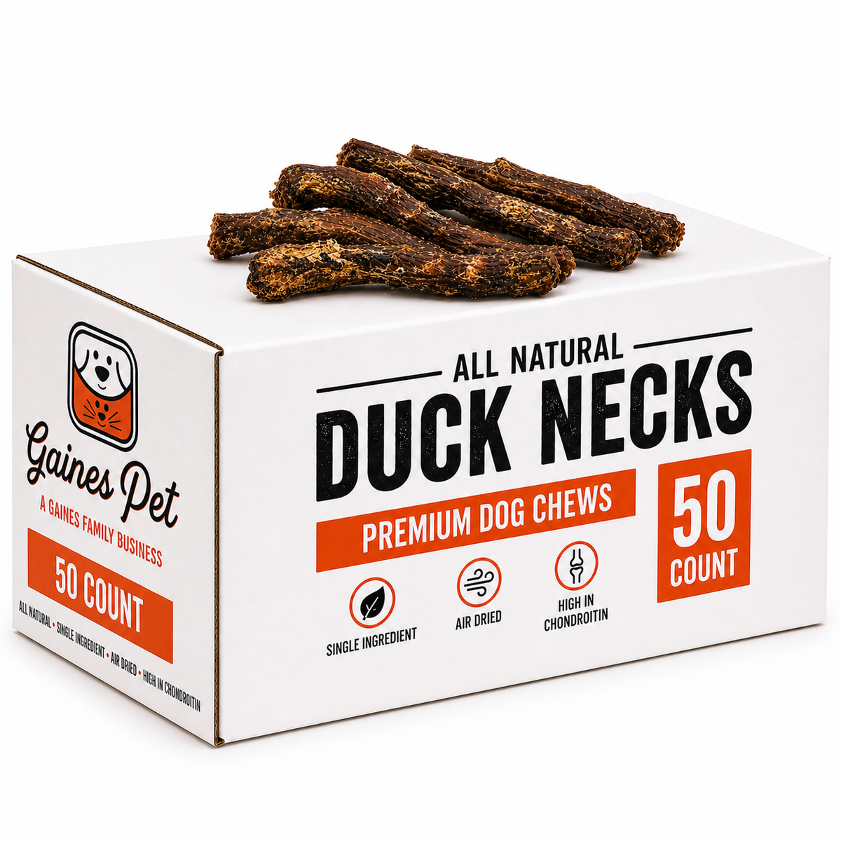 Gaines Pet 50-count Duck Necks case with treats on top