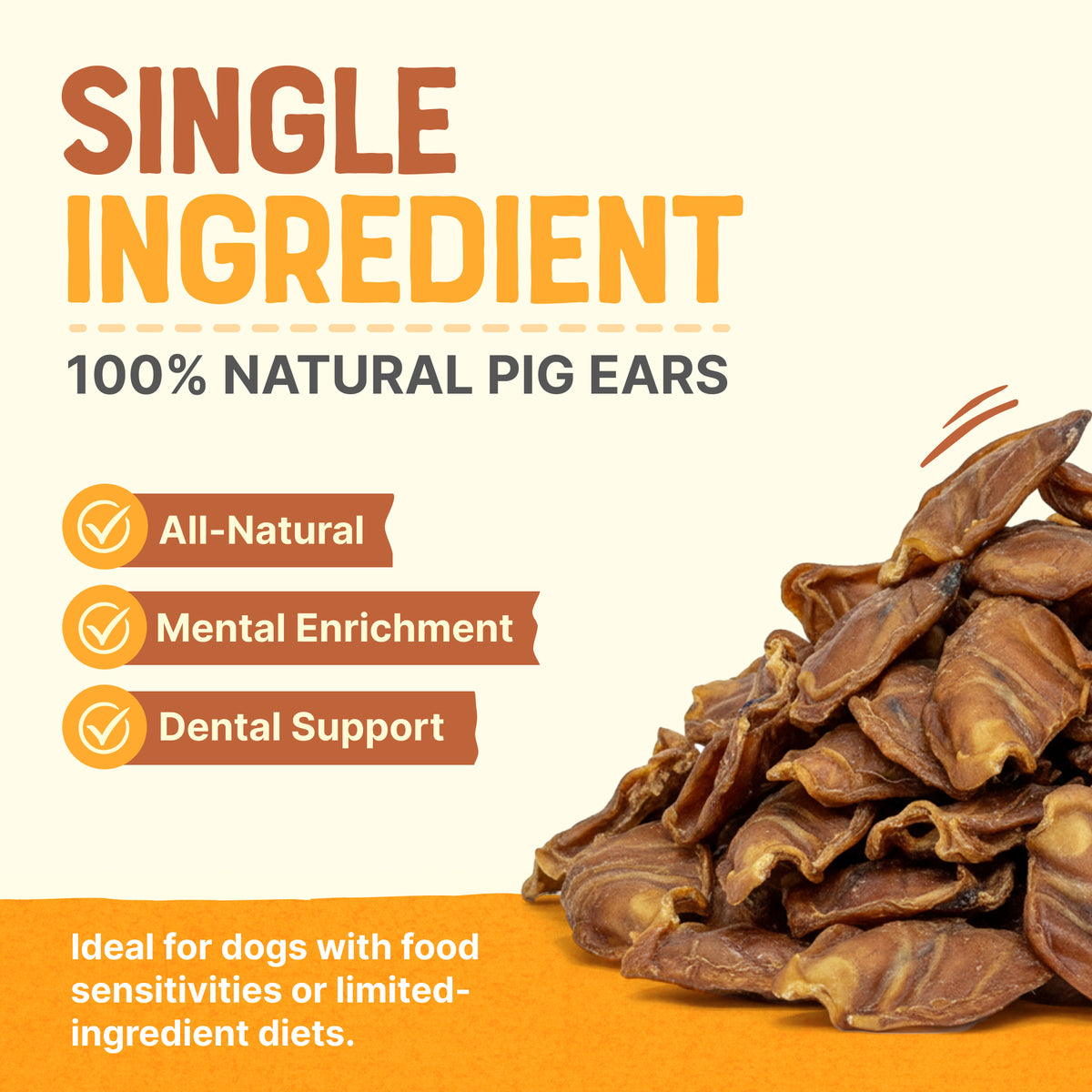 Pig ear treats infographic with single-ingredient and enrichment information