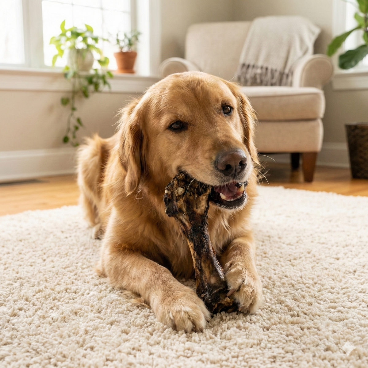 Golden retriever chewing a large beef bone on a rug
