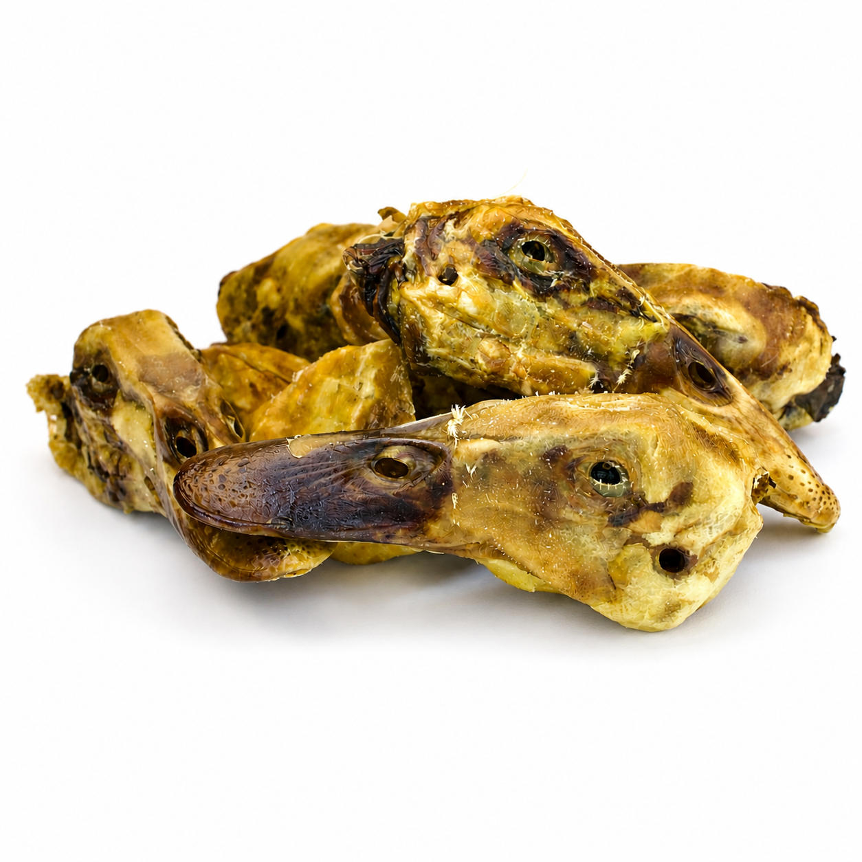 Pile of dried duck head dog treats