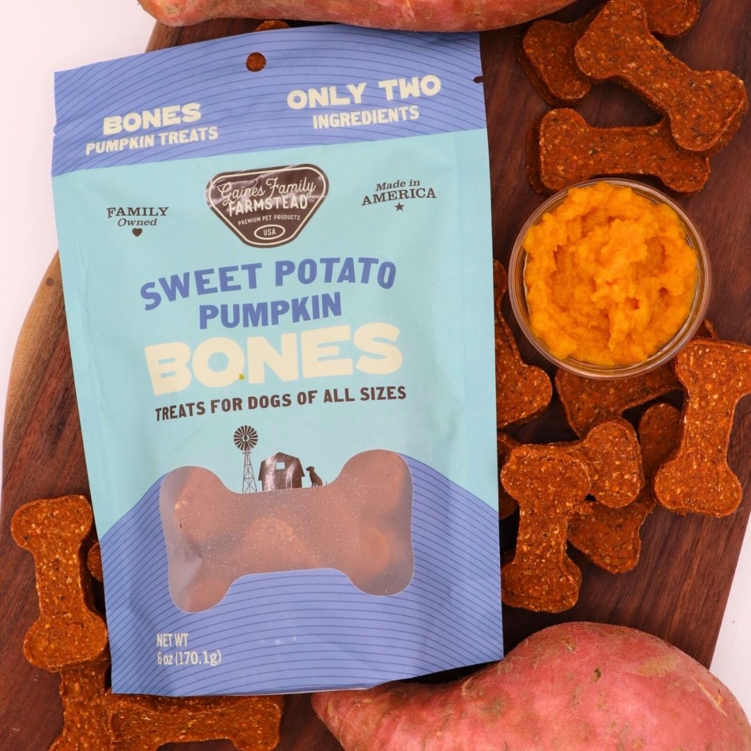 Sweet potato pumpkin bones with their bag, sweet potato, and pumpkin